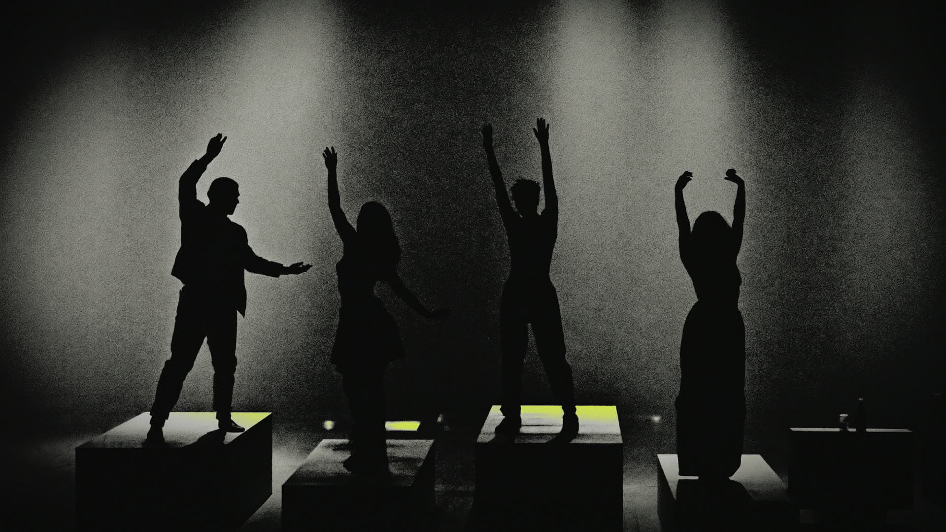 Silhouetted figures on platforms, backlit