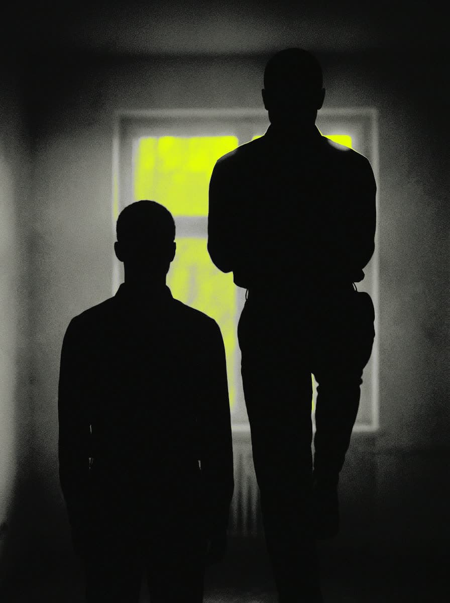 Two figures at different heights, one raised on a platform